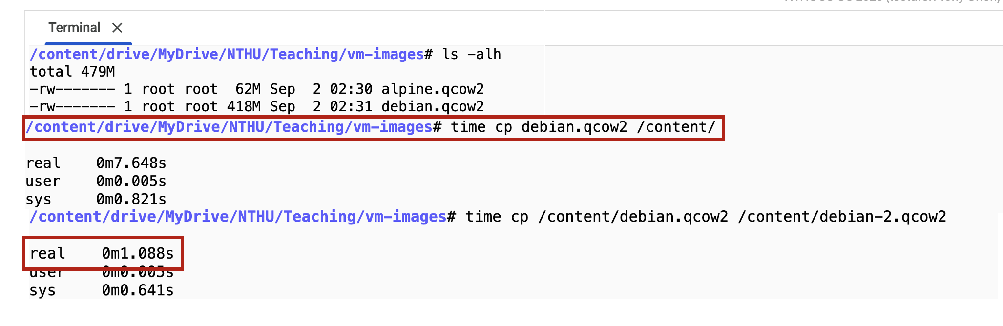 Terminal: copying a 418 MB file from Google Drive takes 7.6 s; copying the local copy again takes 1.1 s