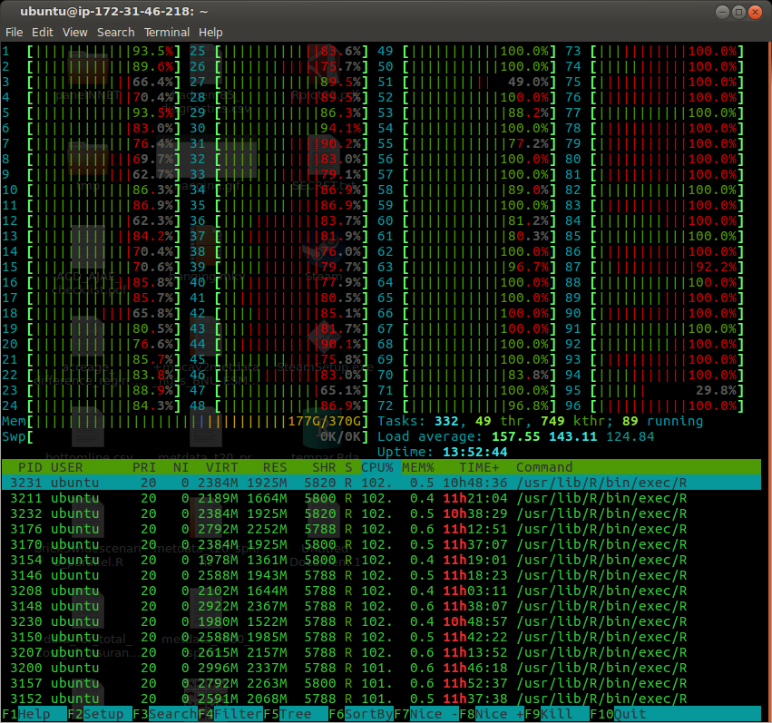 htop on a 96-core server, showing VIRT and RES columns for many R processes