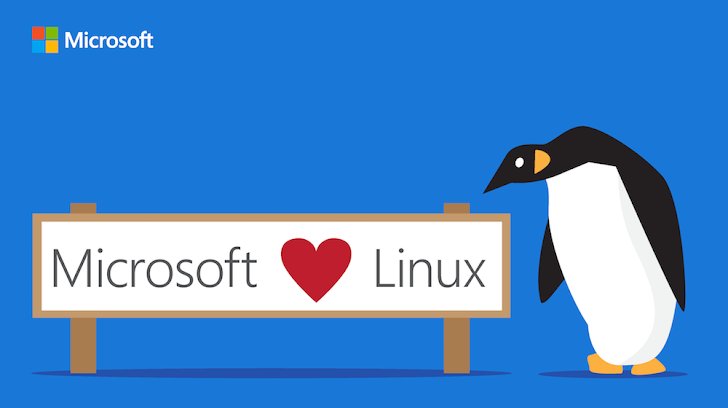 Microsoft loves Linux: the Microsoft logo with a heart and the Linux penguin