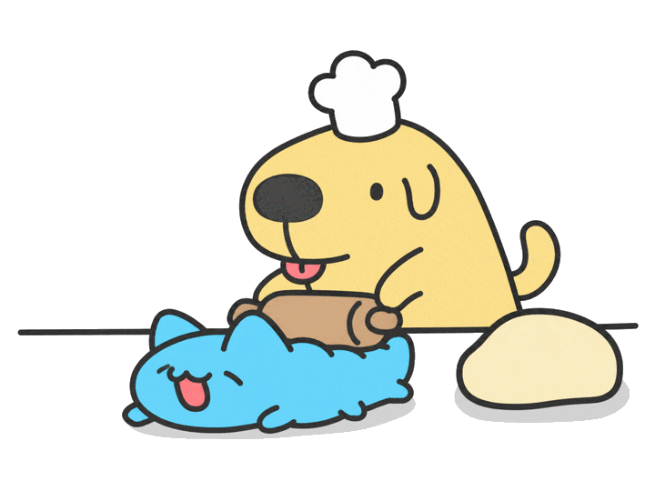 Animation: Dogdog in a chef hat rolls Capoo flat like dough with a rolling pin