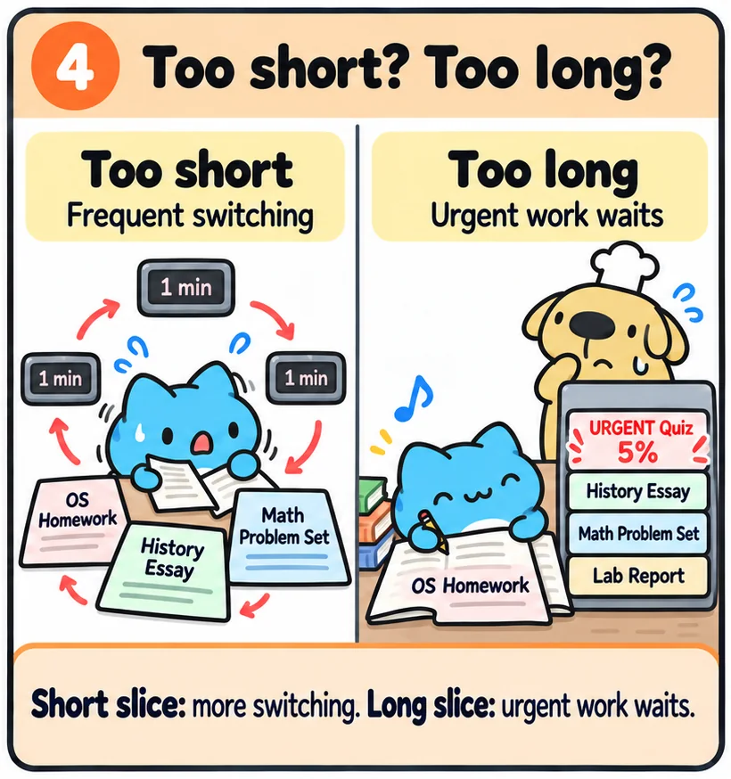 Frame 4, Too short? Too long? Left: with a 1-minute timer Capoo spins between three assignments and gets dizzy. Right: with a long slice Capoo happily keeps doing the OS homework while an urgent quiz waits and Dogdog sweats.