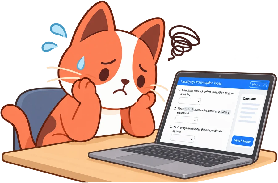 A worried cat with its chin in its paws, staring at a quiz on a laptop