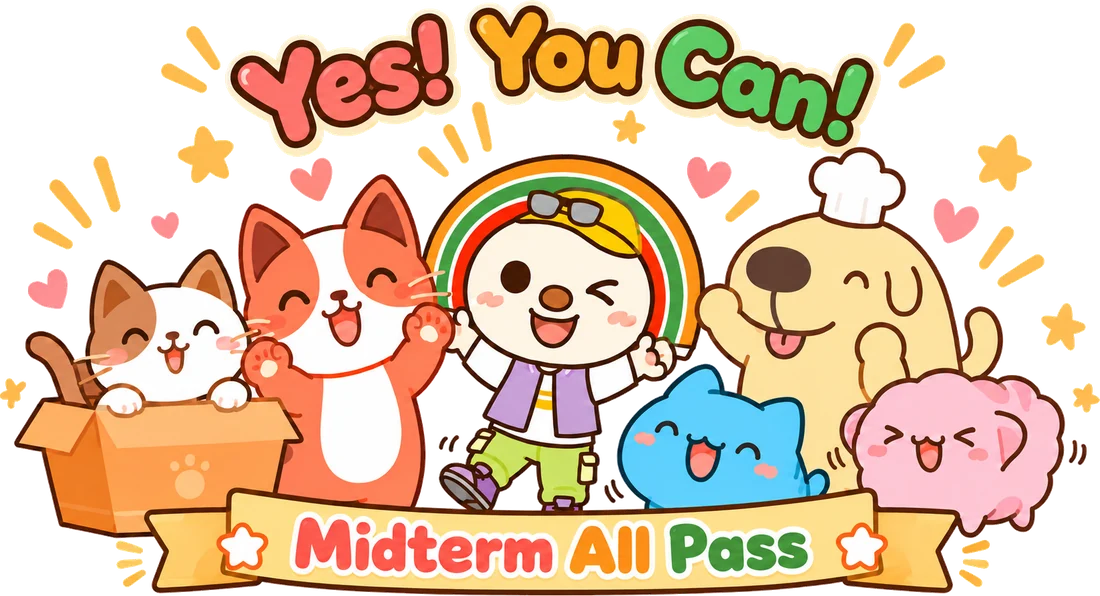 Yes! You Can! Midterm All Pass: the course cats, OPEN-chan, Dogdog, Capoo and Mika cheering