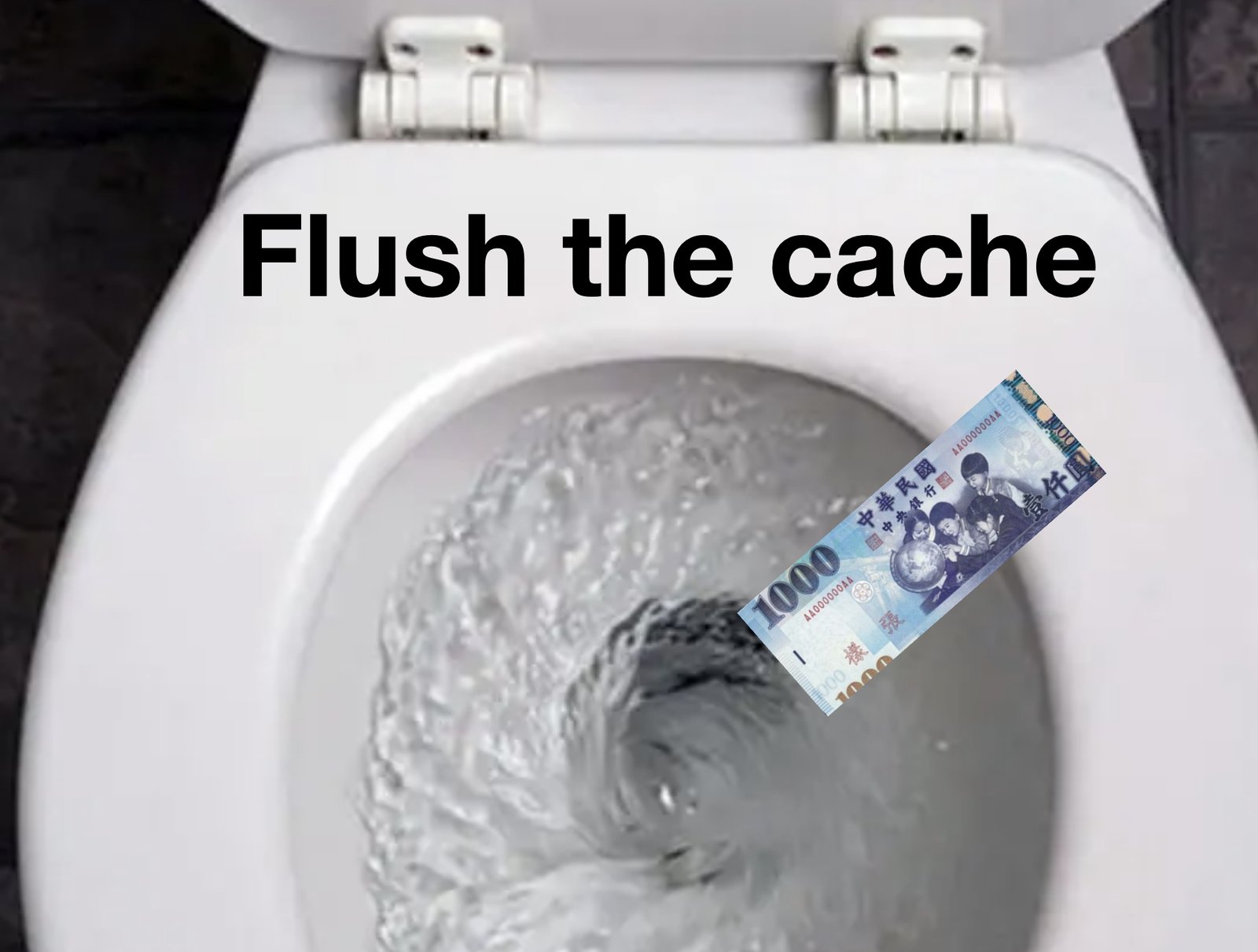 A toilet flushing a 1000 NT dollar bill, with the caption Flush the cache