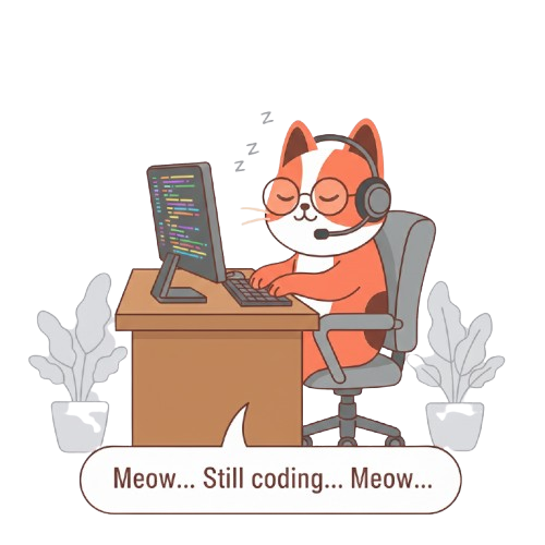 Niko the cat, half asleep with a headset on, typing code. Speech bubble: Meow... Still coding... Meow...