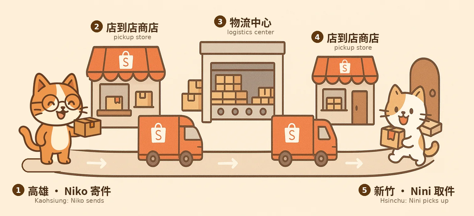 One road from left to right with numbered labels: 1, 高雄, Niko sends: an orange cat with glasses holds out a parcel; 2, a Shopee pickup store; a Shopee truck; 3, 物流中心, the logistics center; a second truck; 4, a second pickup store; 5, 新竹, Nini picks up: a white cat carries the parcel home